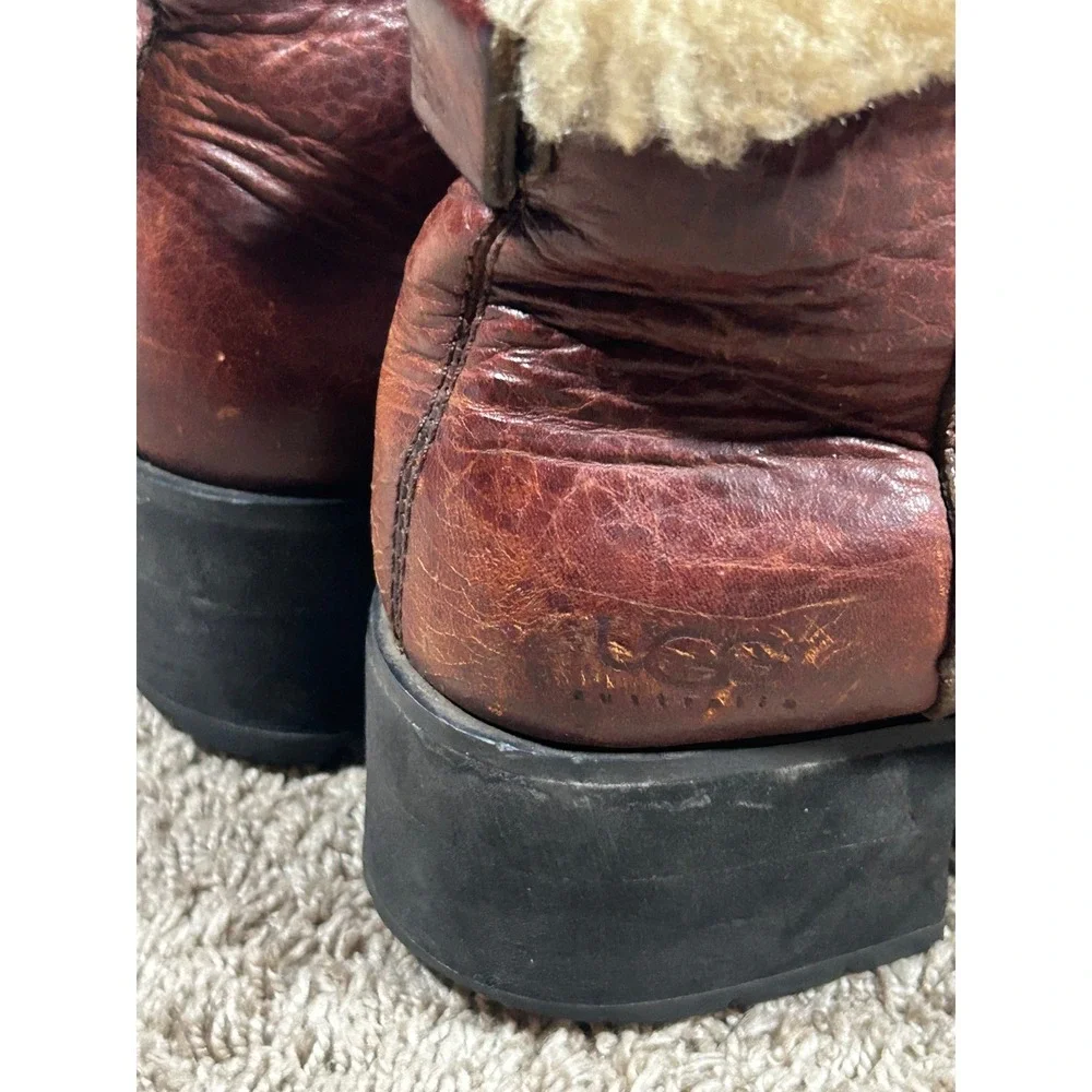 UGG Australia Brown Leather Shearling Lined Platform Ankle Boots‎ 7 Apres Boho